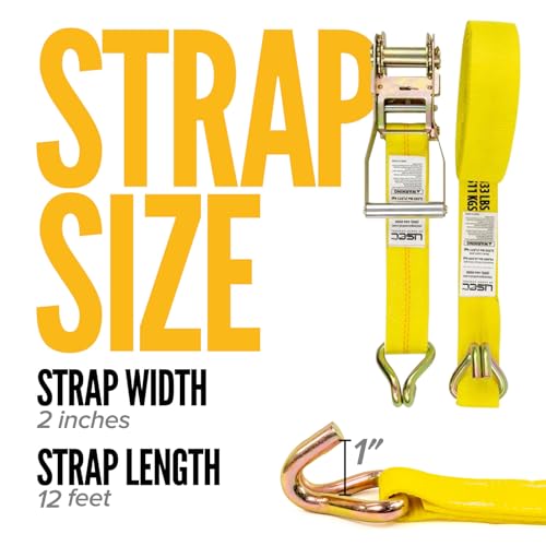 US Cargo Control Wire Hook Ratchet Straps 2 Inch x 12 Foot (4-Pack), 10,000 LBS Break Strength, Yellow 2 Inch Ratchet Straps Heavy Duty with J Hooks, Heavy Duty Tie Downs for Trailers and Trucks