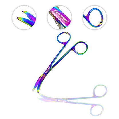 Cynamed Suture Stitch Scissors with Multicolor/Rainbow Titanium Coating - Premium Quality Instrument- Delicate Hook - Perfect for Suture Removal, First Aid, EMS Training and More (4.5 in. - Curved) - style: Curved Hook