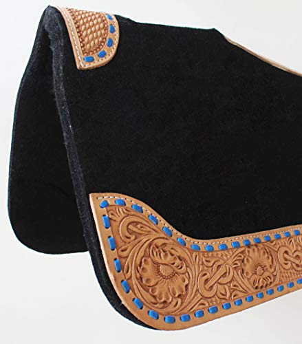 30"x 30" Horse SADDLE PAD Western Contoured Wool Felt Moisture Wicking 39RT - color: Black Tan Leather Blue stitch, size: 30" Spine x 15" Drop, 3/4" Thick