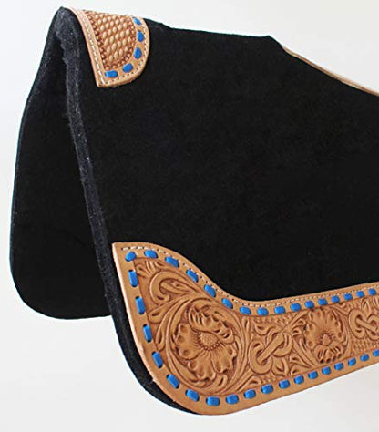 30"x 30" Horse SADDLE PAD Western Contoured Wool Felt Moisture Wicking 39RT - color: Black Tan Leather Blue stitch, size: 30" Spine x 15" Drop, 3/4" Thick