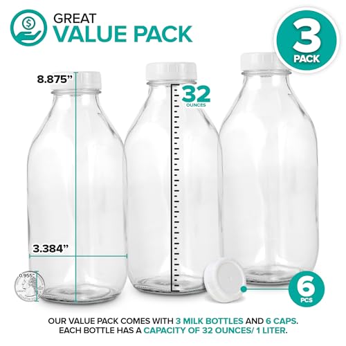 Stock Your Home Liter Glass Milk Bottle with Lid (3 Pack) 32 Oz Jugs and 6 White Caps, Reusable Food Grade Milk Container for Refrigerator, Bottles for Juice, Oat or Plant Milks, Water, Honey - size: 32 oz