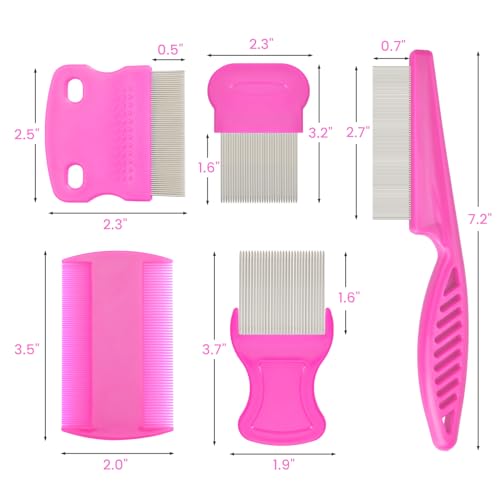 Flea Comb for Cats Dogs, 6 Pack Pet Lice Comb Set Pet Grooming Pets for Small, Medium & Large Pets（Pink）