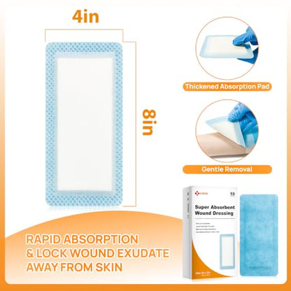 Carbou Super Absorbent Wound Dressing Pads 4"x 8", 10 Individual Pack, Non Adhesive Absorbent Bandages for Wound Care, Soft Highly Absorbent Dressing, Non Stick Gauze Pads for Wounds (Pack of 2) - size: 4"x 8"(Pack of 20)