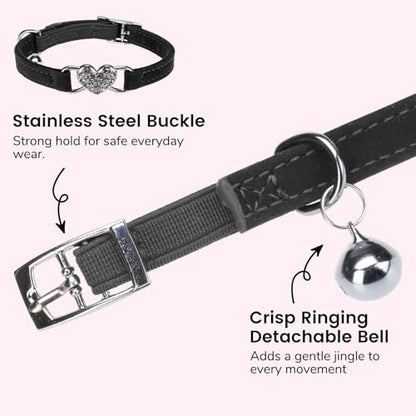 BINGPET Diamond Cat Collar with Bell, Adjustable Kitten Collar, Black - color: Black(Heart), size: Neck Girth 6"-8"