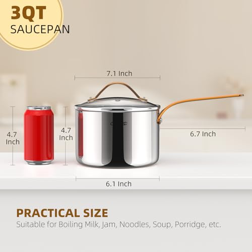 Ciwete 3 Quart Sauce Pan with Lid, Upgraded Tri-Ply Stainless Steel Saucepan with Mirror Polishing and 2 Scales, Induction Ready Cooking Pot with Stay-Cool Brass Handle, Dishwasher & Oven Safe - size: 3 Quart (with brass handle)