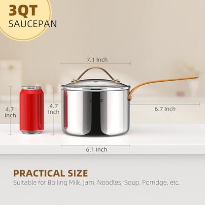 Ciwete 3 Quart Sauce Pan with Lid, Upgraded Tri-Ply Stainless Steel Saucepan with Mirror Polishing and 2 Scales, Induction Ready Cooking Pot with Stay-Cool Brass Handle, Dishwasher & Oven Safe - size: 3 Quart (with brass handle)