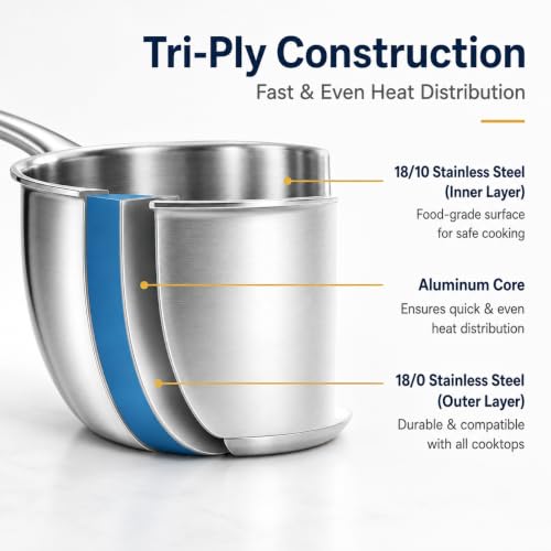 DELARLO Tri-Ply Stainless Steel Small Stainless Steel Pot with Pour Spout - color: Silver, size: 0.5QT