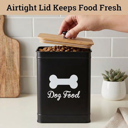 Metal Dog Food Container 5-7lb, 25 Cup w/ Airtight Bamboo Lid, Metal Handle - color: Black: Bone