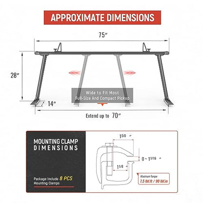 Model APX25 Extendable Aluminum Pick-Up Truck Ladder Rack (No Drilling Required) - Sandy Black - color: Sandy Black