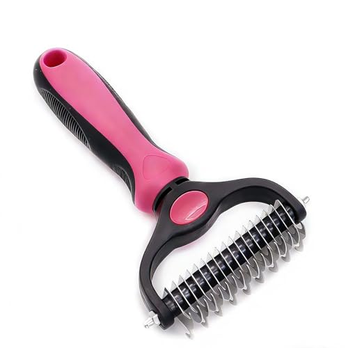 Double-Sided Dematting & Deshedding Comb for Dogs & Cats, Stainless Steel Undercoat Rake Pet Grooming Brush, Gentle Shedding Tool for Long Haired & Thick Coated Pets(Pink) - color: Pink