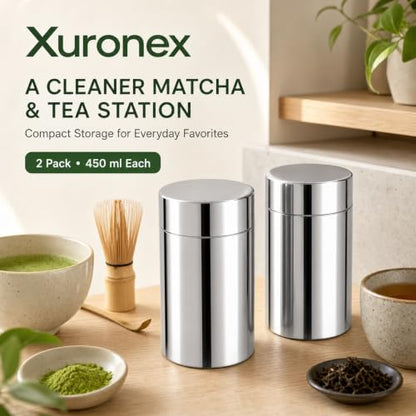 2 Pack Matcha Powder Storage Canisters, 304 Stainless Steel Tea Tins with Double Lids, Small Tea Canister for Loose Leaf Tea, Coffee Grounds, Cocoa, Sugar, Spices, Kitchen Pantry Storage