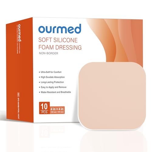 Ourmed Soft Flex Silicone Foam Dressings(4"x 4", Pack of 10), Sterile, Highly Absorbent, Waterproof, No Border, Wound Care for Bed Sores, Pressure Ulcers - size: 4x 4 Inch with no border