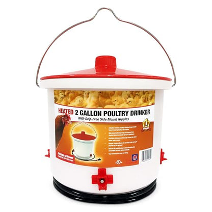 Farm Innovators HB-60P Thermostatically Controlled Heated 2 Gallon Plastic Outdoor Year Round Poultry Chicken Water Bucket Drinker, White/Red | Thermostatically controlled to keep water from freezing, side mounted drip-free/freeze-free nipples for up to 1