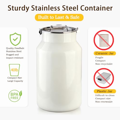 Dog-Cat Food Storage Container 40 lb, Large Stainless Steel Bin | 38 Qt 304 stainless steel bin holds up to 40 lb of dry pet food; silicone-sealed airtight lid; 1-cup wood-handled scoop. - size: 38 Qt