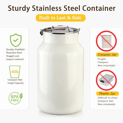 Dog-Cat Food Storage Container 40 lb, Large Stainless Steel Bin | 38 Qt 304 stainless steel bin holds up to 40 lb of dry pet food; silicone-sealed airtight lid; 1-cup wood-handled scoop. - size: 38 Qt
