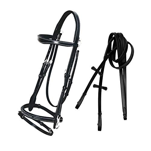 Exion Quick Change Snap English Bridle for Horses – Padded Anatomic Leather Jumping Bridle Set with Rubber Reins – Gold Brass Snaps Wave Browband Raised Cavesson Show Tack, Cob Full Warmblood