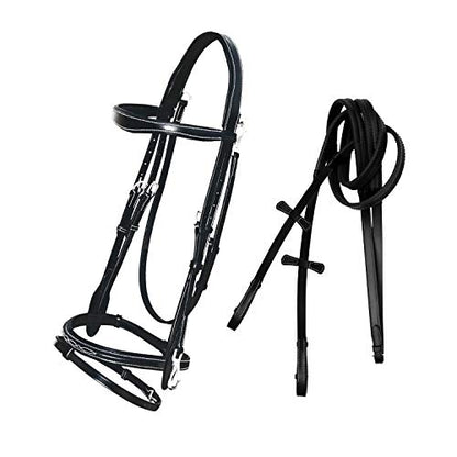 Exion Quick Change Snap English Bridle for Horses – Padded Anatomic Leather Jumping Bridle Set with Rubber Reins – Gold Brass Snaps Wave Browband Raised Cavesson Show Tack, Cob Full Warmblood