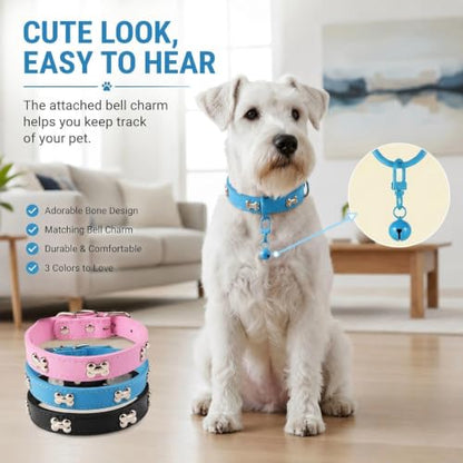 Adjustable PU Leather Dog Collar with Color Matched Bell, Blue M - color: blue, size: 10-13.5 Inch