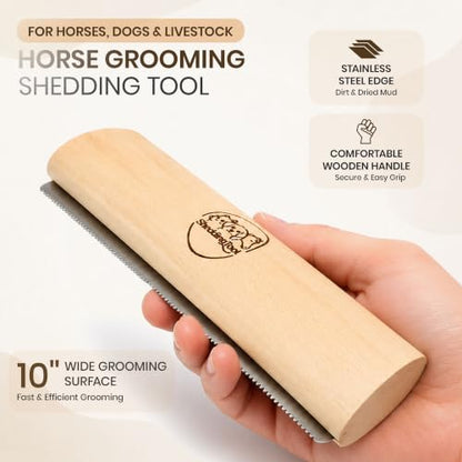 10 Inch Horse Grooming Shedding Tool with Wooden Handle, Stainless Steel Deshedding Comb for Horses, Dogs and Livestock, Pet Hair Removal Brush, Curry Comb, Coat Rake for Loose Hair, Dirt and Mud