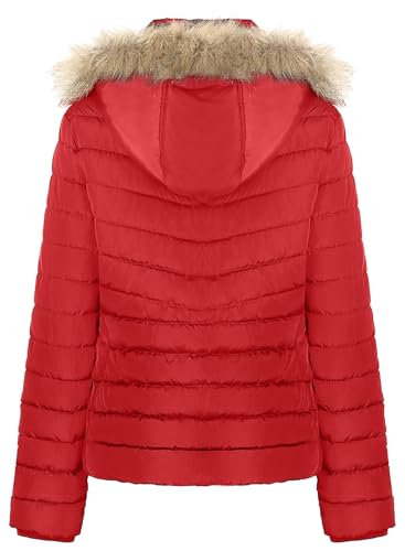 BodiLove Women's Fur Hooded Thickened Jacket with Fleece Lining - color: True Red (Light Weight), size: Small