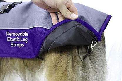 Derby Originals Ruff Pup 1200D Ripstop Waterproof Reflective Winter Dog Coat with Neck Cover and Harness Compatible Opening 220G - color: Charcoal/Purple, size: 22"