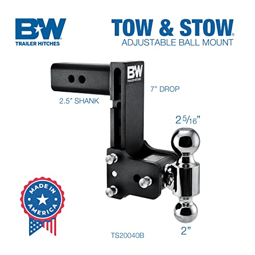 B&W Trailer Hitches Tow & Stow Adjustable Trailer Hitch Ball Mount - Fits 2.5" Receiver, Dual Ball (2" x 2-5/16"), 7" Drop, 18,000 GTW - TS20040B
