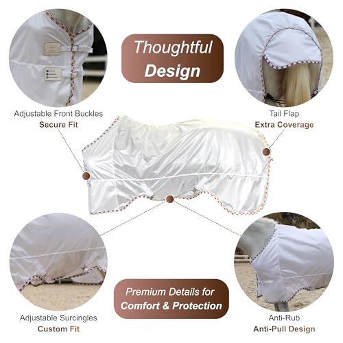 BARN & STABLE Breathable and UV Protective Tear-Resistant Mesh Horse Fly Sheet Comfy Equine Summer Sheet with Removable Web Leg Straps - color: White - Curvy Fit, size: 75 in