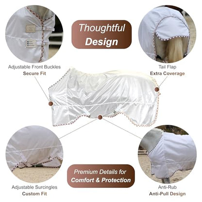 BARN & STABLE Breathable and UV Protective Tear-Resistant Mesh Horse Fly Sheet Comfy Equine Summer Sheet with Removable Web Leg Straps - color: White - Curvy Fit, size: 78 in