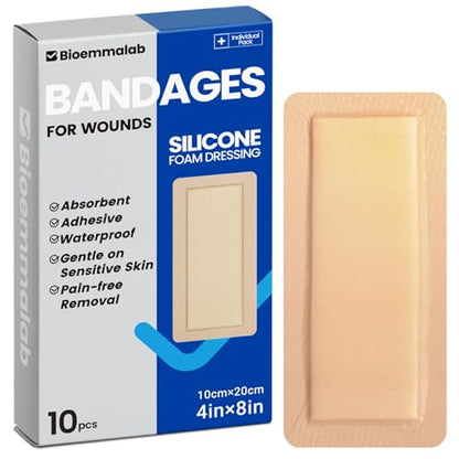 Large Waterproof Bandages 4x8 Silicone Foam Dressing Sensitive Skin, 10 PCS - style: 4"x8"(10PCS)