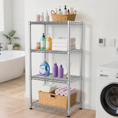 4- Shelf Heavy Duty Metal Wire Shelving Unit Adjustable Industrial Storage Rack Steel Commercial Grade Shelving Standing Shelf organize 2200LBS,for Laundry Bathroom Kitchen Closet 14"Dx24"Wx47"H - size: 4-Tier-Silver[ 14"D x 24"W x 47.25"H]