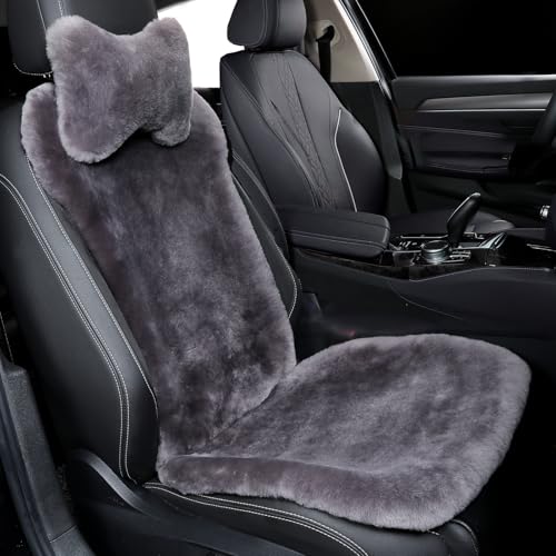 OGLAND Fuzzy Sheepskin Car Seat Cover for Soft Fur Fluffy Auto Wool Cushion - color: Graphite