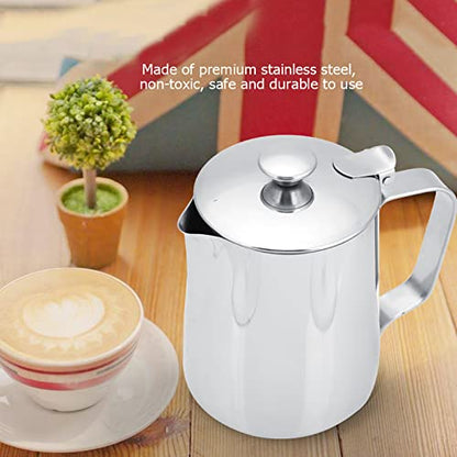 Coffee Frothing Pitcher with Lid, Stainless Steel Milk Frother Cup, Mutifunctional Milk Jug Cup, Coffee Steaming Pitcher with Handle for Latte Art and Frothing Milk(350ml)