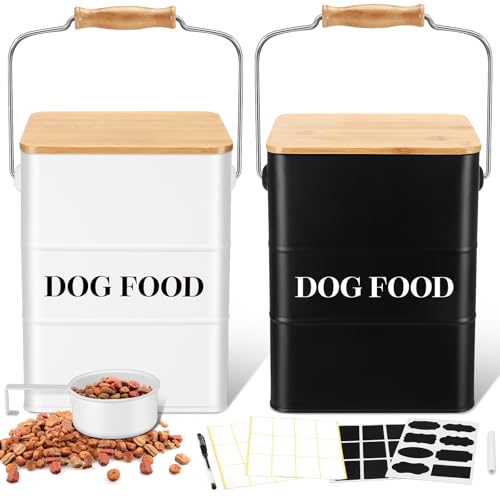 Tioncy 2 Pcs Metal Dog Food Storage Containers Total 10-14 Lbs (50 Cup) Capacity, Airtight Pet Food Canister with Bamboo Lids Scoop DIY Labels Dog Treat Storage Jars for Kitchen Counter(Black，white) - color: Black+White