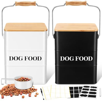 Tioncy 2 Pcs Metal Dog Food Storage Containers Total 10-14 Lbs (50 Cup) Capacity, Airtight Pet Food Canister with Bamboo Lids Scoop DIY Labels Dog Treat Storage Jars for Kitchen Counter(Black，white) - color: Black+White