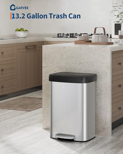Garvee 13 gal / 50 L Stainless Steel Trash Can with Lid, Large Garbage Can for Kitchen, Rustproof Step-on Kitchen Metal Trash Bin with Liner Rim, Rear Handle, Soft Close Plastic Lid, Silver - color: Silver, size: 13.2 Gallons