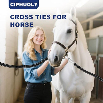 Heavy-Duty Cross Ties for Horses - Adjustable Nylon Horse Trailer Ties with Strong Panic Snap & Bull Snap (59"-102"), Set with 2 Pack Tie Rings & 8 Matching Screws (Black)