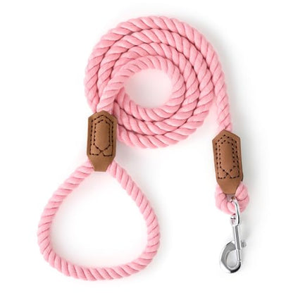 Mile High Life Dog Leash Braided Cotton Rope with Leather-Reinforced Ends - color: Pink, size: 72 Inch-1/2"