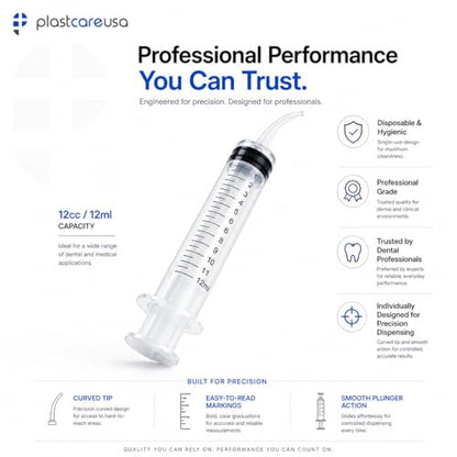 50 Curved Tip Irrigation Syringes (12cc / 12ml) - Disposable Oral Dispensing Utility Syringe (Box of 50) by PlastCare USA