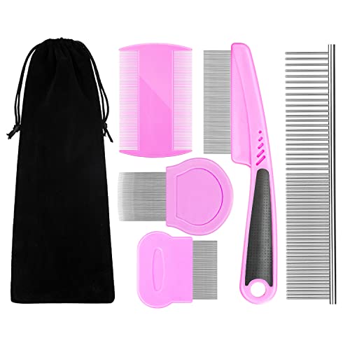 Flea Comb For Dogs & Cats Pet Comb Grooming Set 5 Pieces Metal Teeth Durable Remove Tear Stain Float Hair Combing tangled hair Dandruff Add Storage Pouch (pink) - color: Pink