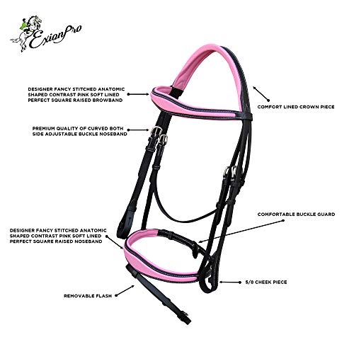 Exion Pink English Bridle with Anatomic Snaffle Noseband & Detachable Flash | Leather Jumping Bridle, Ergonomic Pressure Relief Crownpiece | 16mm Non-Slip Rubber Reins Included | Black Cob Full - color: Black, size: Cob/Medium Size