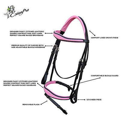 Exion Pink English Bridle with Anatomic Snaffle Noseband & Detachable Flash | Leather Jumping Bridle, Ergonomic Pressure Relief Crownpiece | 16mm Non-Slip Rubber Reins Included | Black Cob Full - color: Black, size: Cob/Medium Size