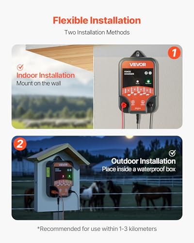 VEVOR Electric Fence Charger, 10kV 2J, AC DC Electric Fence Energizer with LED Indicator, 1.86 Miles Range, Powerful Plug-in Fences Charger, Prevents Wild Animals Intrusion for Livestock Poultry - size: 2J