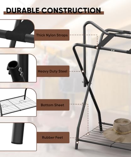 Queension Foldable Saddle Rack with Bottom Storage for Horse Stable, Black - style: Standing-Black