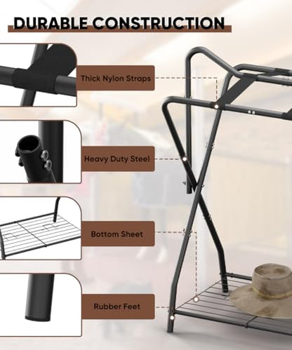 Queension Foldable Saddle Rack with Bottom Storage for Horse Stable, Black - style: Standing-Black