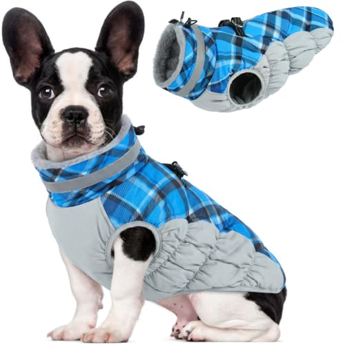 Lelepet Dog Winter Coat Waterproof Small Dog Coat with Harness Built in - color: Blue Plaid, size: X-Small