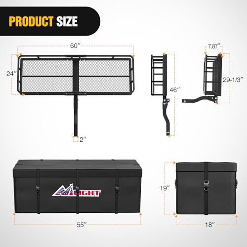 Nilight 60" x 24"x 7.87" Folding Carrier Fits 2-Inch Receiver 500 Lbs Capacity Bag Net Ratchet Straps Lock Stabilizer for SUV Pickup RV Van - style: 24" Basket w/Bag,Net,Straps,Stabilizer,Lock