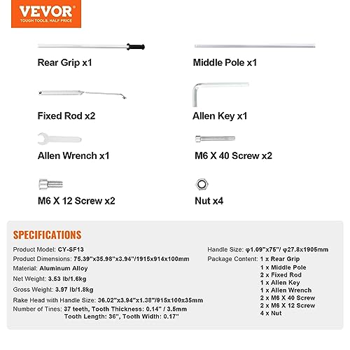 VEVOR Landscape Rake 36" Head Aluminum Landscape Rake 75" Long Handle | For Loosening Soil, Lawn Care, Weeding Lake, Garden, Extended Cleaning Reach, Effortless 3-Step Setup, Durable and Waterproof - size: 75 inch