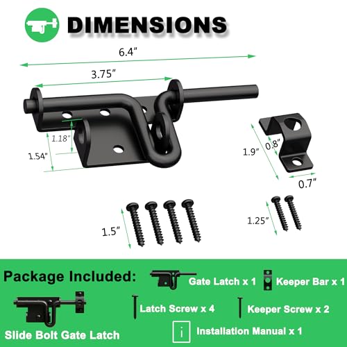 Heavy Duty Slide Bolt Gate Latch for Wooden Fence, 2 Way Barn Door Latch with Padlock Hole, Offset and Flush Mounted Gate Latch for Outdoor Gates/Yard Fence/Shed Door, Black, 1 Pack