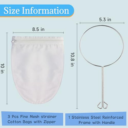 Fine Mesh Strainer, 3Pcs Cloth Strainer Bags with Steel Handle - color: White-3pcs