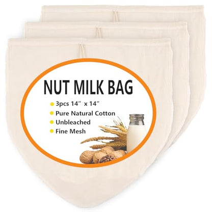 3-Pack 14x14 Inch Nut Milk Bags – Heavy Duty 100% Unbleached Cotton Reusable Strainer for Almond Milk, Oat Milk, Cold Brew, Celery Juice, Yogurt & Cheese Making